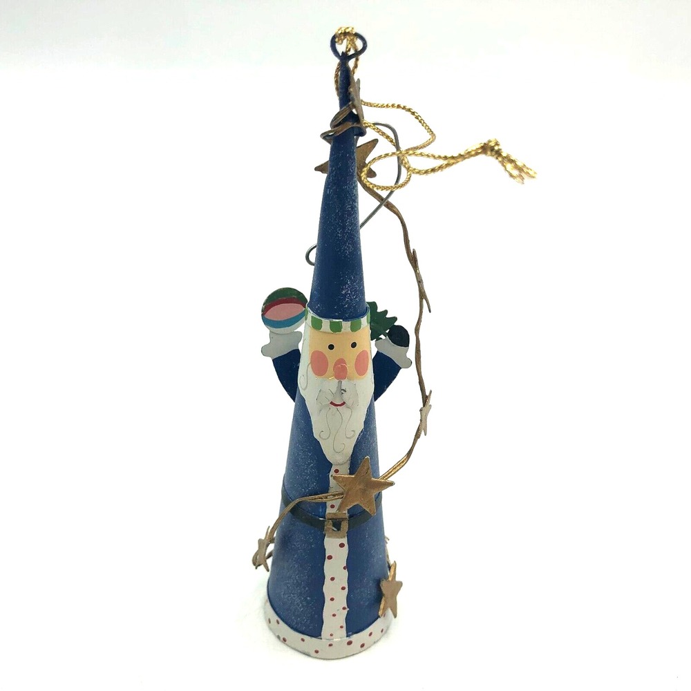Metal Hand Painted Christmas Santa Ornament  Old World Blue Coat  Long Skinny